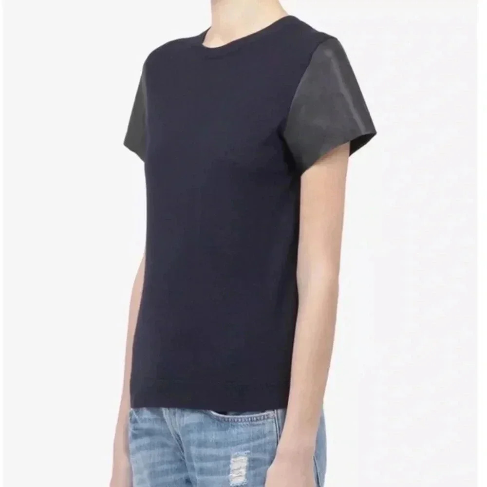 VINCE EUC Navy Blue Black Mixed Media Wool Leather T Shirt Tee M - Picture 2 of 5